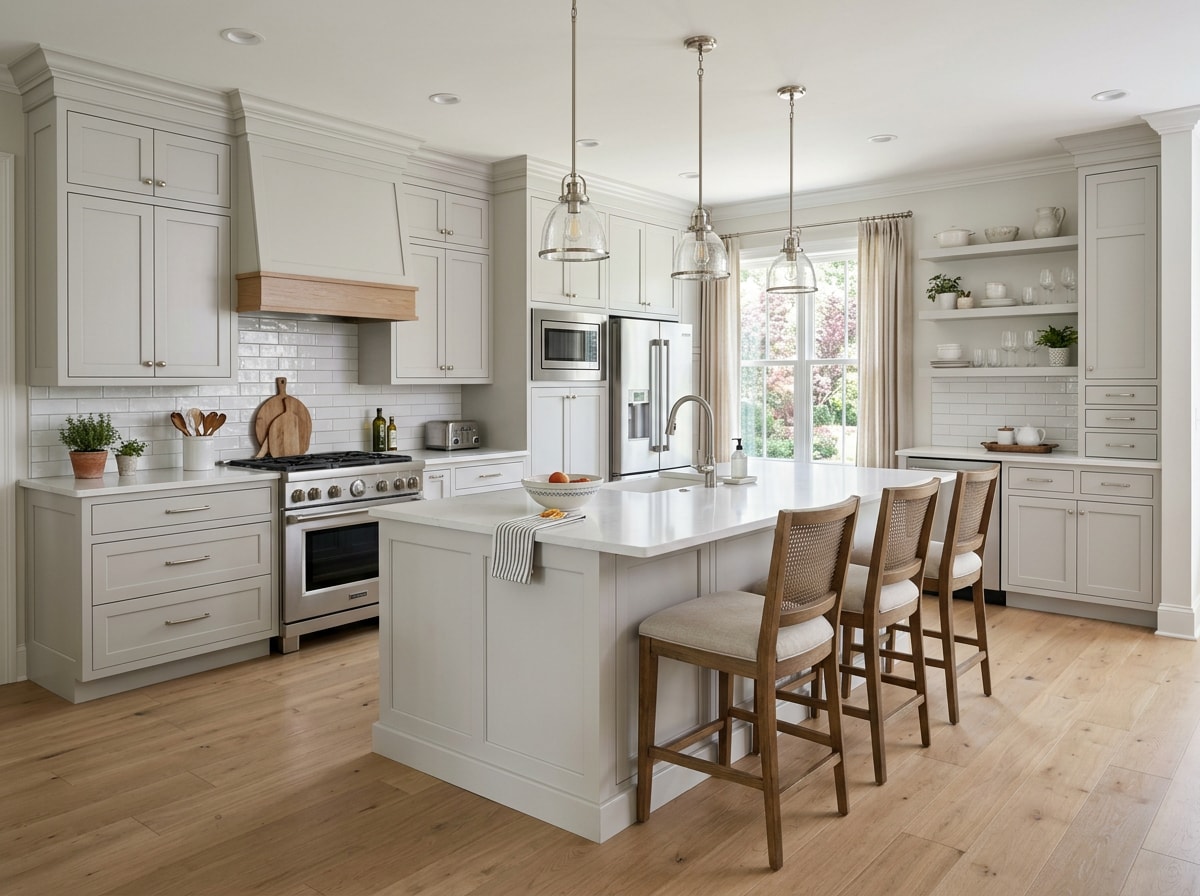 Finished transitional kitchen with painted shaker cabinetry and quartz island in Montgomery County PA