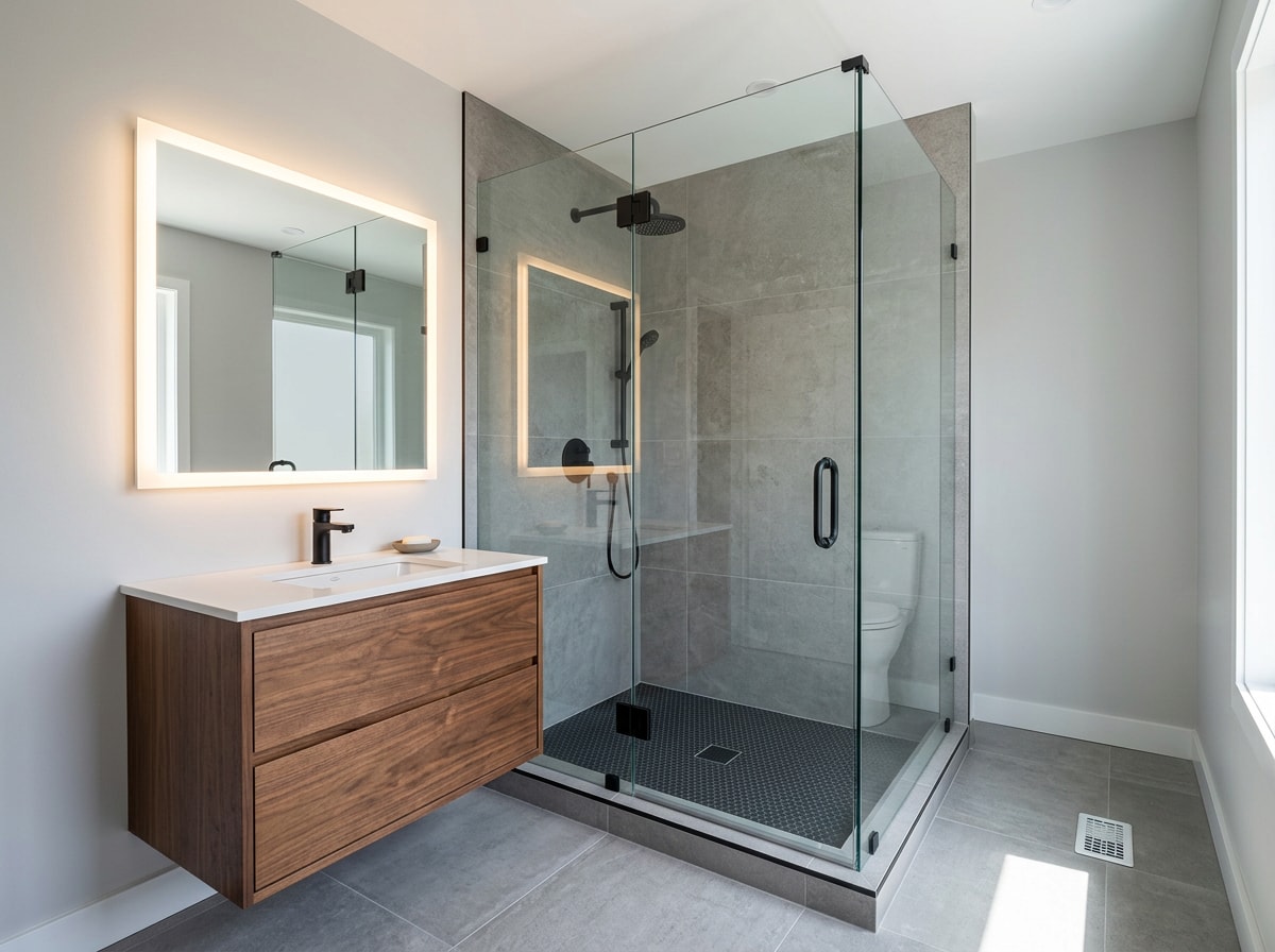 Frameless glass shower enclosure and floating vanity in a completed bathroom remodel