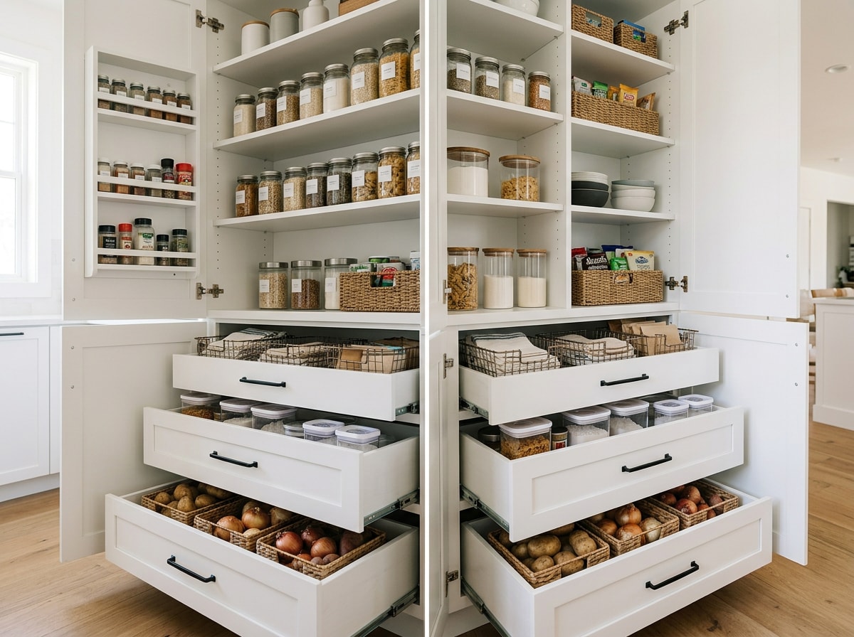 Custom pantry shelving and cabinet storage system installed in a renovated kitchen