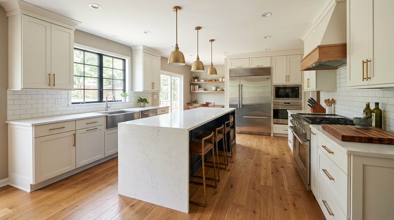 Finished custom kitchen remodel with navy island and quartz countertops in Montgomery County, PA