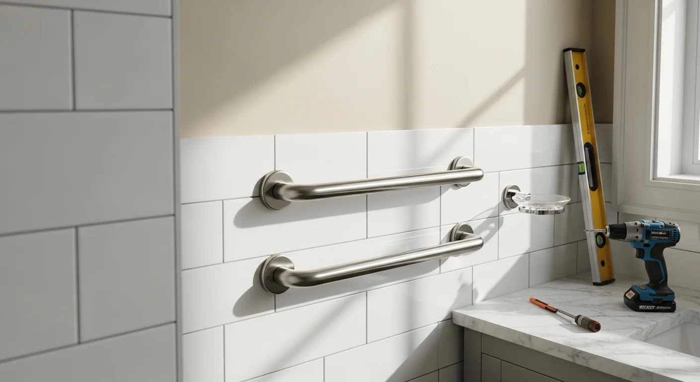 A freshly installed set of matching towel bars, robe hooks, and a grab bar mounted on the tiled wall of a residential bathroom in Adams County, PA. Each accessory is level and secured flush against white subway tile near a walk-in shower.