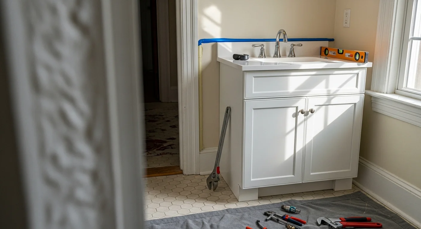 A newly installed bathroom vanity with a clean countertop and connected plumbing in an Adams County, PA home. The cabinet is flush against the wall with no visible gaps, showing a finished installation by Sio2 LLC.