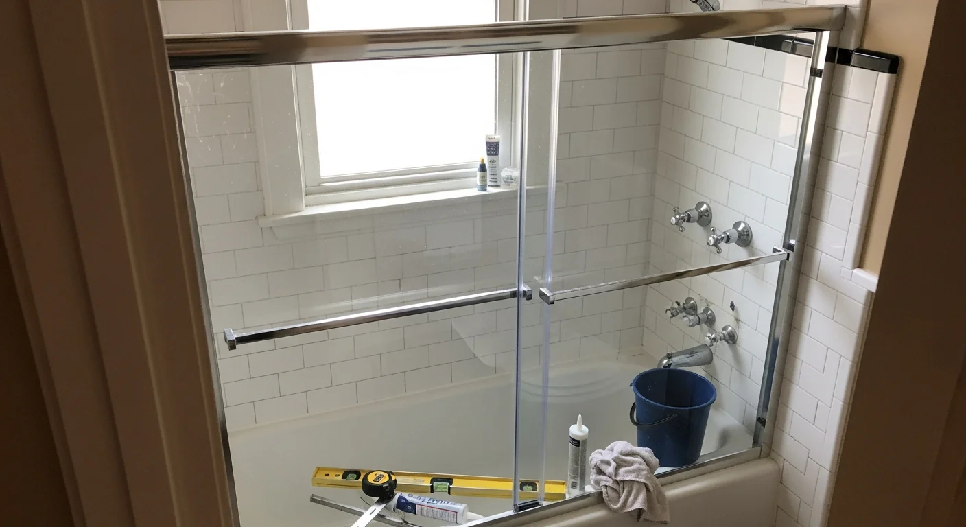 A finished bypass shower door installation in an Adams County, PA bathroom, showing two sliding glass panels on a wall-mounted track above a tiled tub-shower surround. The panels are fully closed with a clean bottom seal against the tub ledge.