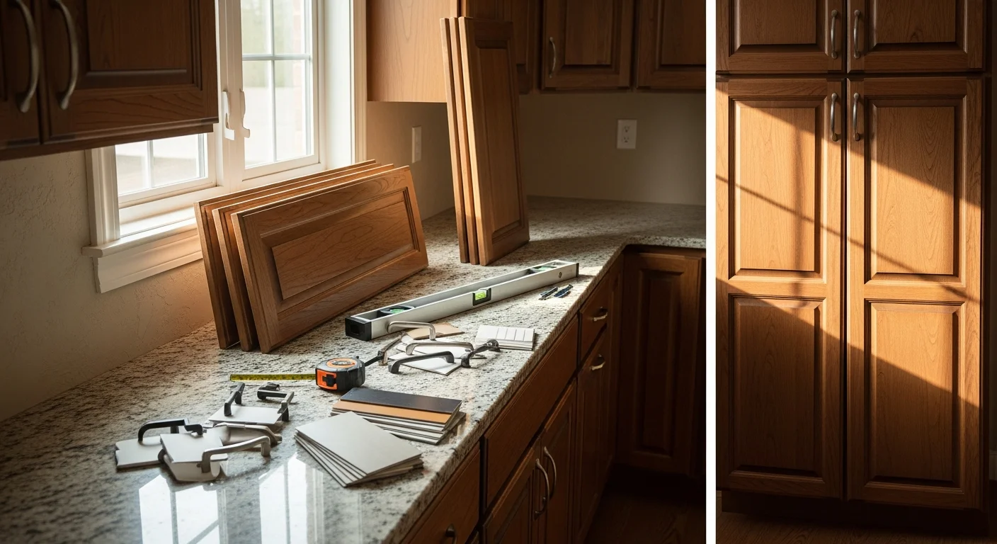 Refaced kitchen cabinets in an Adams County, PA home showing new shaker-style doors and updated hardware on existing cabinet frames. The kitchen retains its original layout with a visibly refreshed appearance throughout.