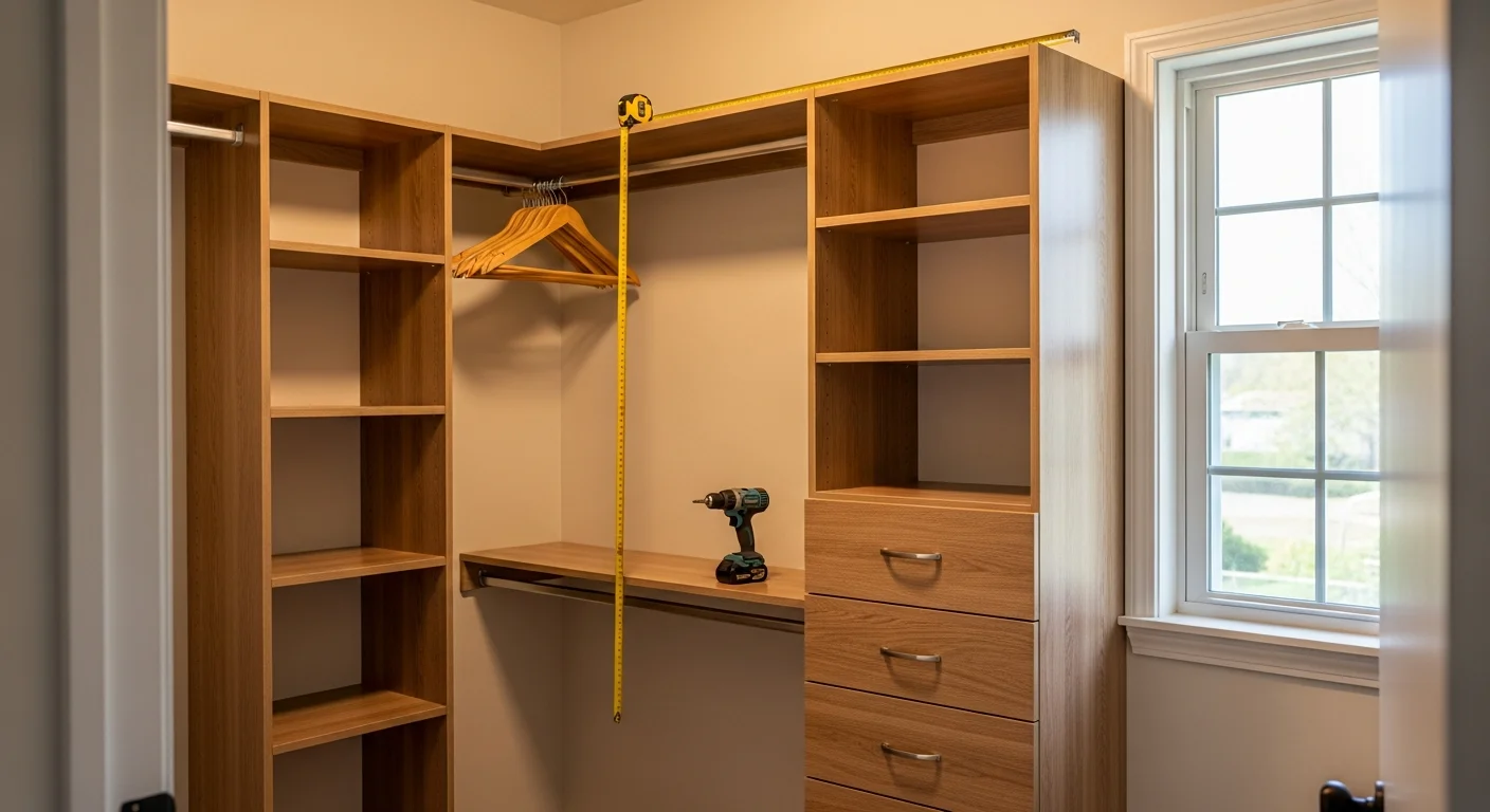 A fitted closet organization system installed in a bedroom in Adams County, PA, showing shelving sections, hanging rods at two heights, and built-in drawers along the back wall. The reach-in closet is fully organized with folded items on shelves and hanging clothes neatly separated.