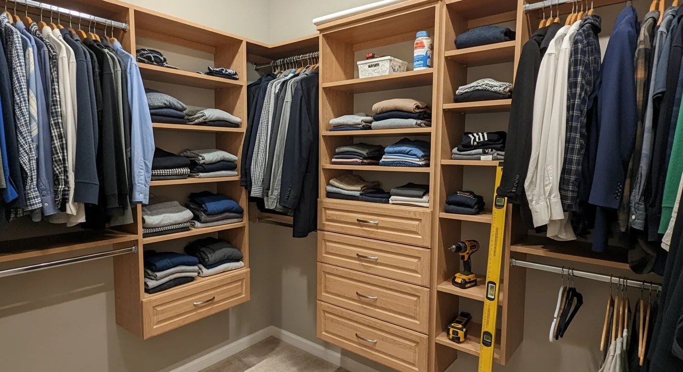 A finished custom closet installation inside an Adams County, PA home, showing floor-to-ceiling shelving, hanging rods, and built-in drawers fitted to a walk-in bedroom closet. The system is fully anchored with clean edges and no visible gaps between panels and walls.