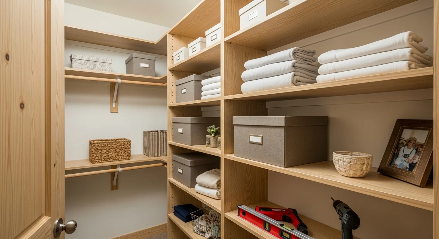Finished custom shelving installation inside a residential closet in Adams County, PA, showing wall-mounted shelves with even spacing and clean trim work. The shelving fills the full width of the closet and is anchored at stud locations with no visible gaps between the unit and the wall.