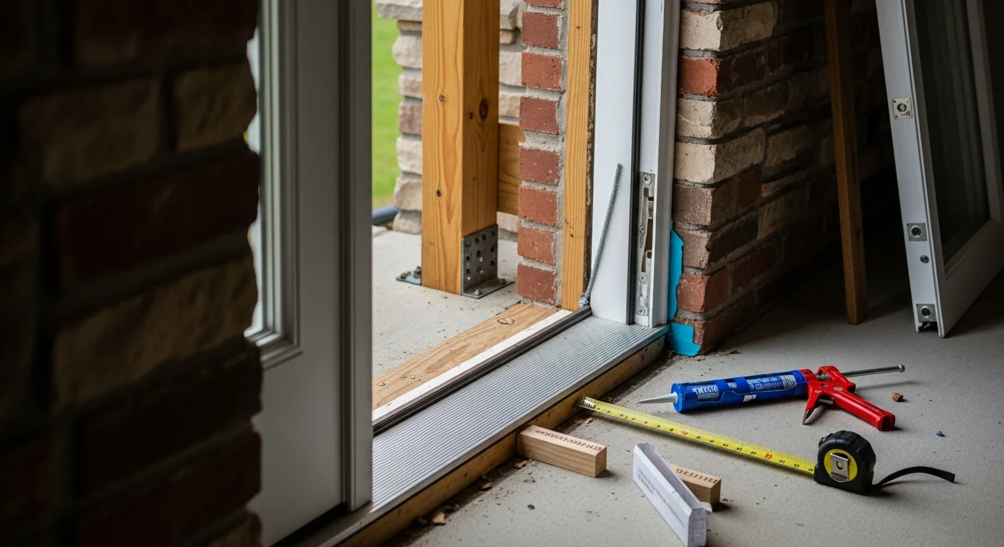 A newly installed exterior entry door on a residential home in Adams County, PA, with a clean frame fit and visible weatherstripping along the threshold. The surrounding trim is intact and the door sits flush against the frame with no visible gaps.