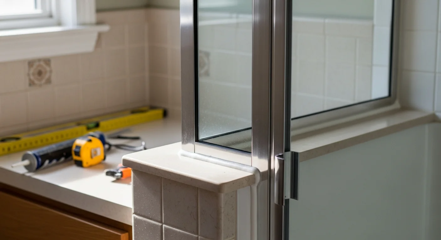 A newly installed framed shower enclosure in a residential bathroom in Adams County, PA, showing metal framing around clear glass panels with a clean, finished surround. The enclosure fits a standard shower opening in a mid-sized bathroom typical of homes in the Gettysburg area.
