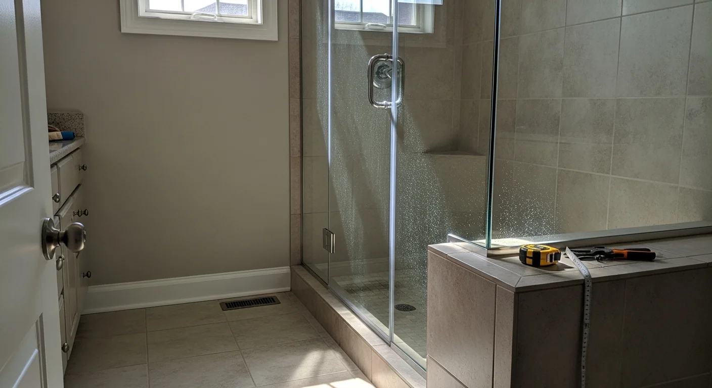 A finished frameless glass shower enclosure installed in a remodeled bathroom in Adams County, PA, showing clear tempered glass panels, brushed metal hardware, and a clean tile surround with no metal frame around the door opening.