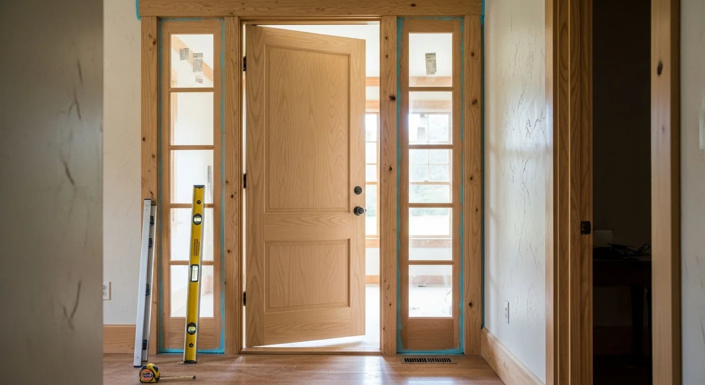 A newly installed interior door with clean trim work fitted in a residential hallway in Adams County, PA. The door is fully hung, hardware is in place, and the frame sits flush against painted drywall.