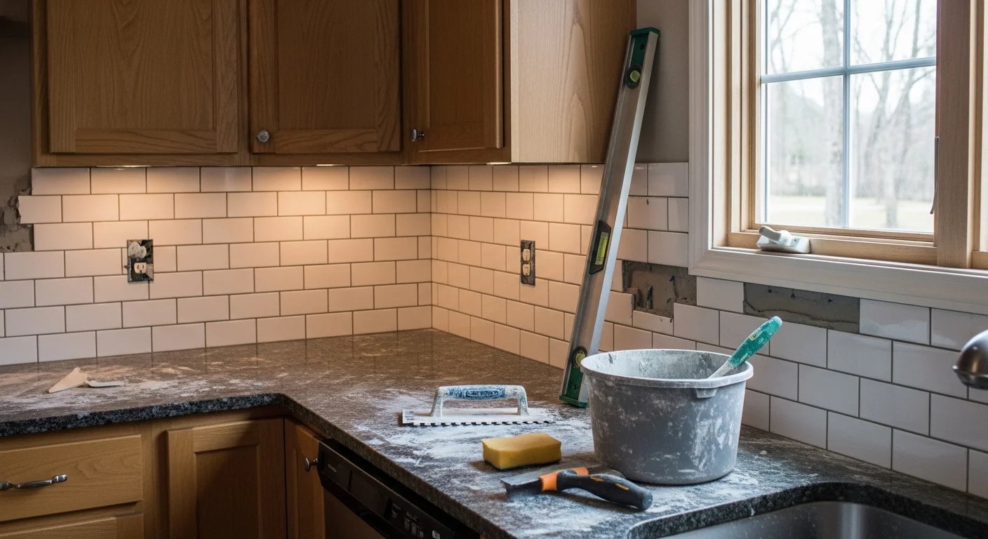 Freshly installed kitchen tile backsplash behind the stove and countertops in an Adams County, PA home. The tile runs from the countertop to the upper cabinets with clean grout lines and precise cuts around the outlet covers.