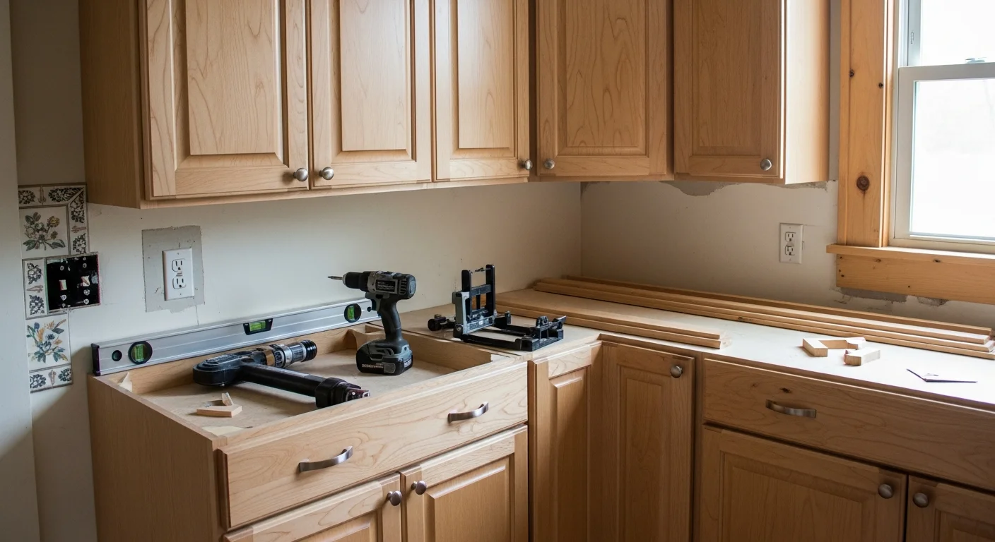 Newly installed kitchen cabinets with clean trim lines and hardware in an Adams County, PA home. Base and wall cabinets are mounted level in a finished kitchen remodel by Sio2 LLC.