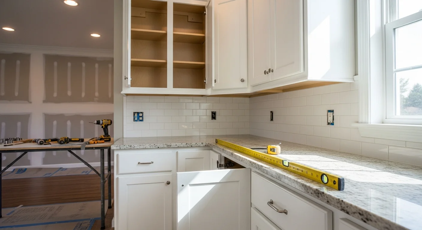 Remodeled kitchen interior in an Adams County, PA home, showing updated cabinetry, new countertops, and refreshed flooring. Work completed by Sio2 LLC as part of a full kitchen remodeling project.