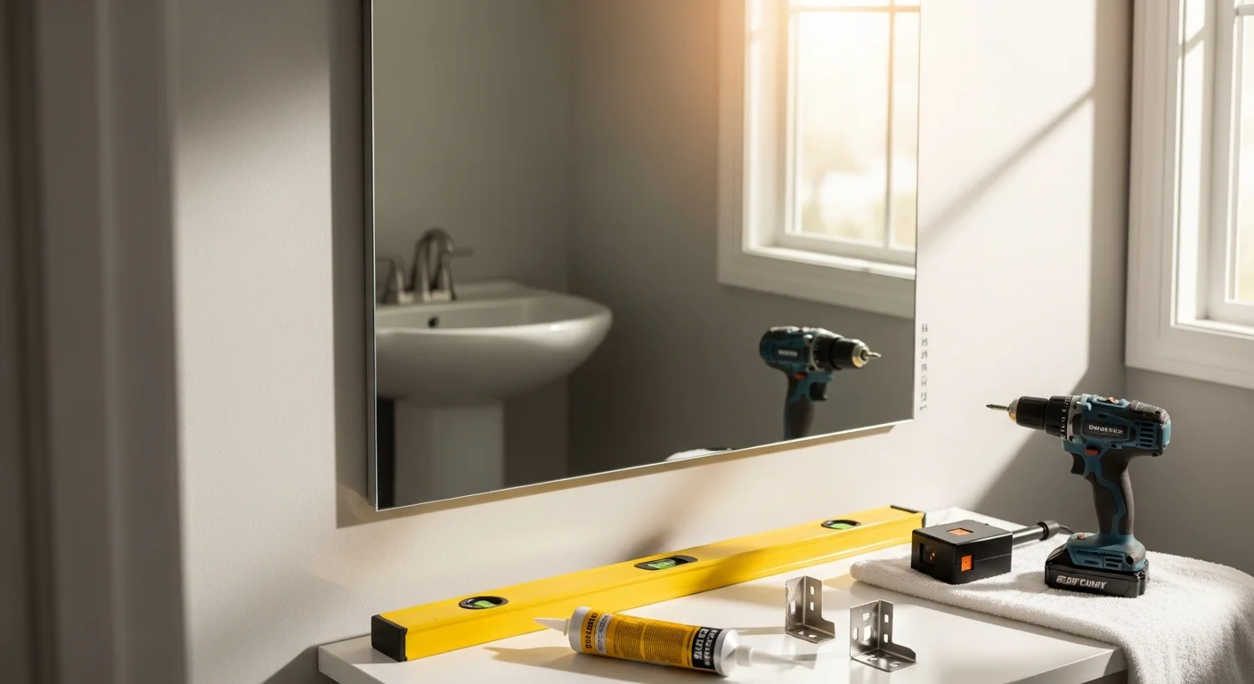 A framed bathroom mirror mounted flush and level above a vanity in a remodeled bathroom in Adams County, PA. The mirror reflects clean wall tile and vanity lighting, showing a finished Sio2 LLC installation.