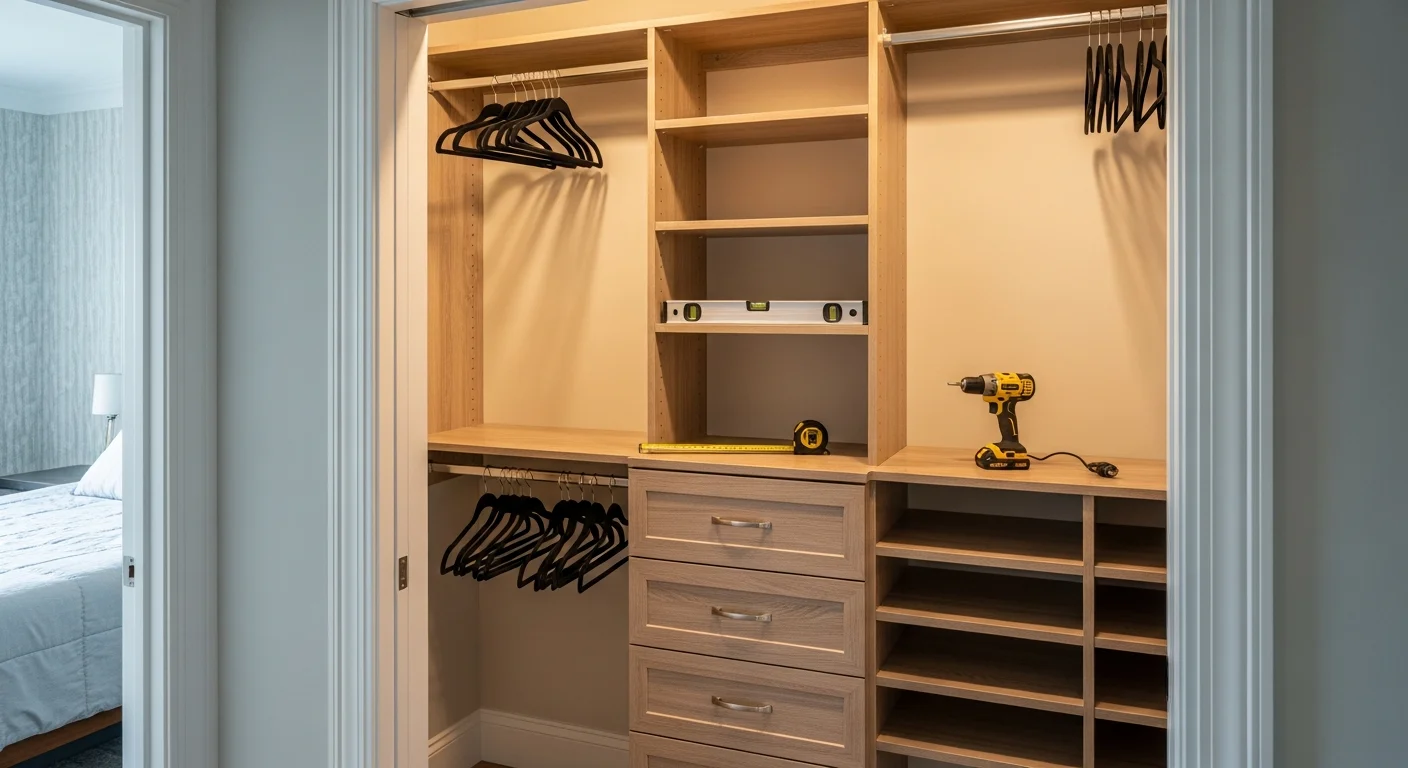 A finished reach-in closet installation in an Adams County, PA home, showing mounted shelving, double hanging rods, and shoe storage fitted inside a standard bedroom closet opening. The closet interior is fully organized with clothing and accessories visible and accessible.