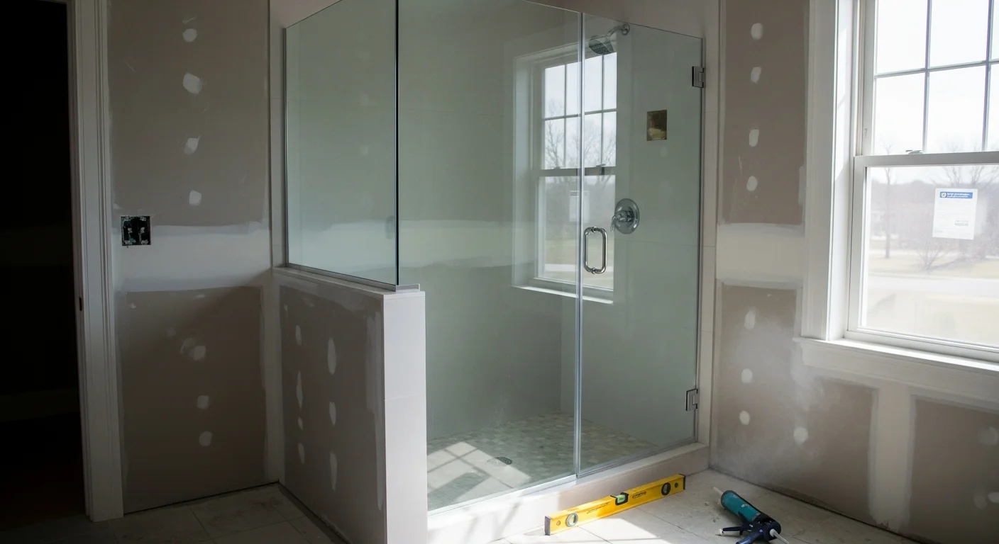 A newly installed shower enclosure in an Adams County, PA bathroom, showing clean sealed edges, a low-threshold entry, and finished wall surrounds. The bathroom is in a residential home with the enclosure fitted to the existing wall layout.