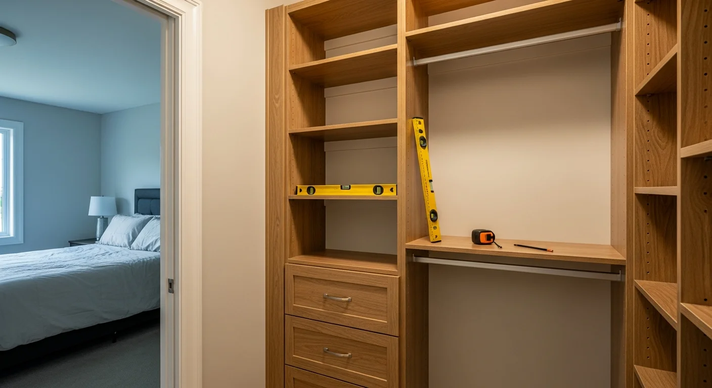 A finished custom walk-in closet in an Adams County, PA single-family home, showing floor-to-ceiling shelving, double hanging rods, and built-in drawer units along three walls. The space is organized with clearly defined zones for clothing, shoes, and folded items.