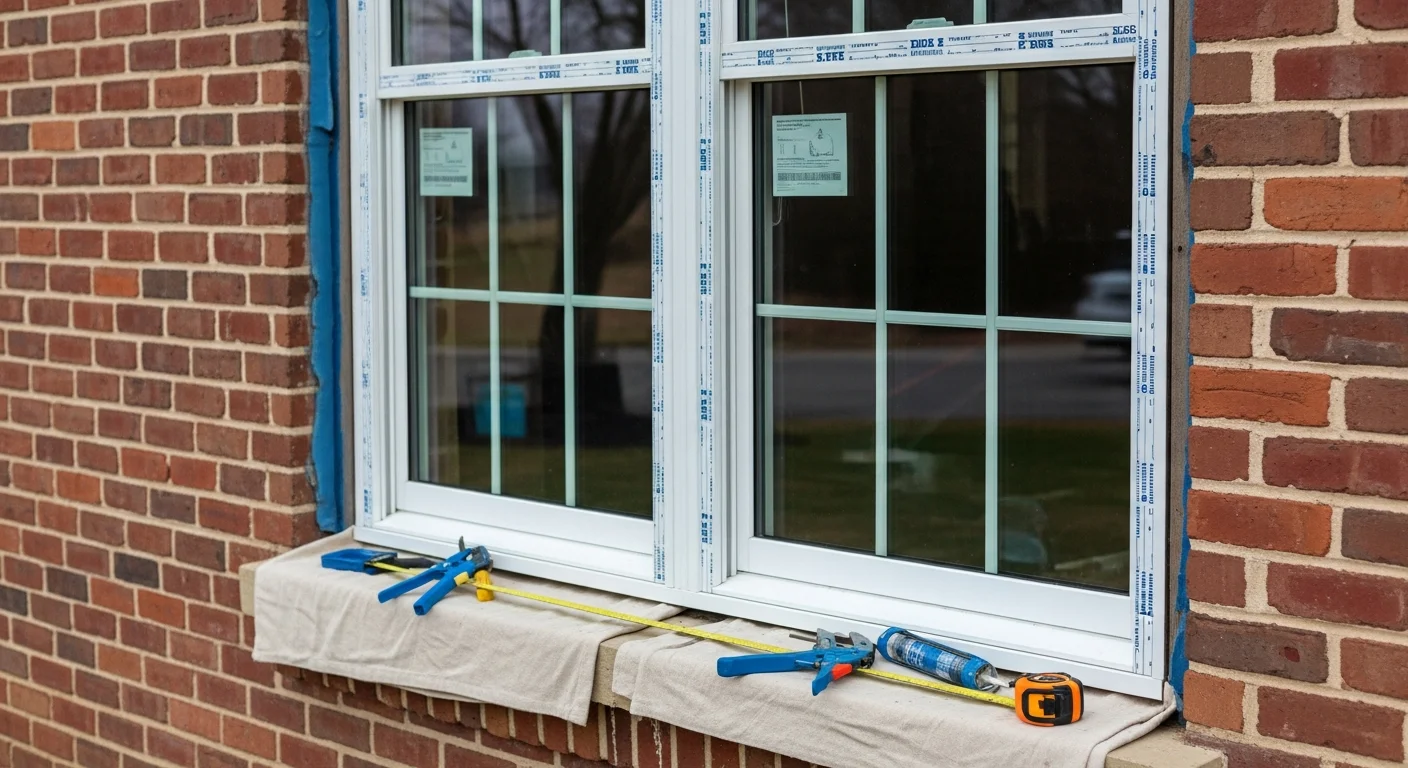 A freshly installed replacement window on a single-family home in Adams County, PA, with clean trim lines and a clear view of the surrounding rural landscape. The window frame sits flush against the exterior siding with no visible gaps or weathering.